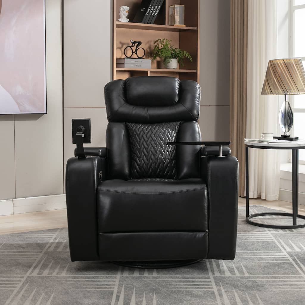 270 Degree Swivel PU Leather Power Recliner Individual Seat Home Theater Recliner with Comforable Backrest, Tray Table