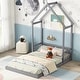 preview thumbnail 1 of 8, Full Size Roof-Framed Headboard Floor Bed with Guardrails, House-Style Design for Cozy and Safe Sleep