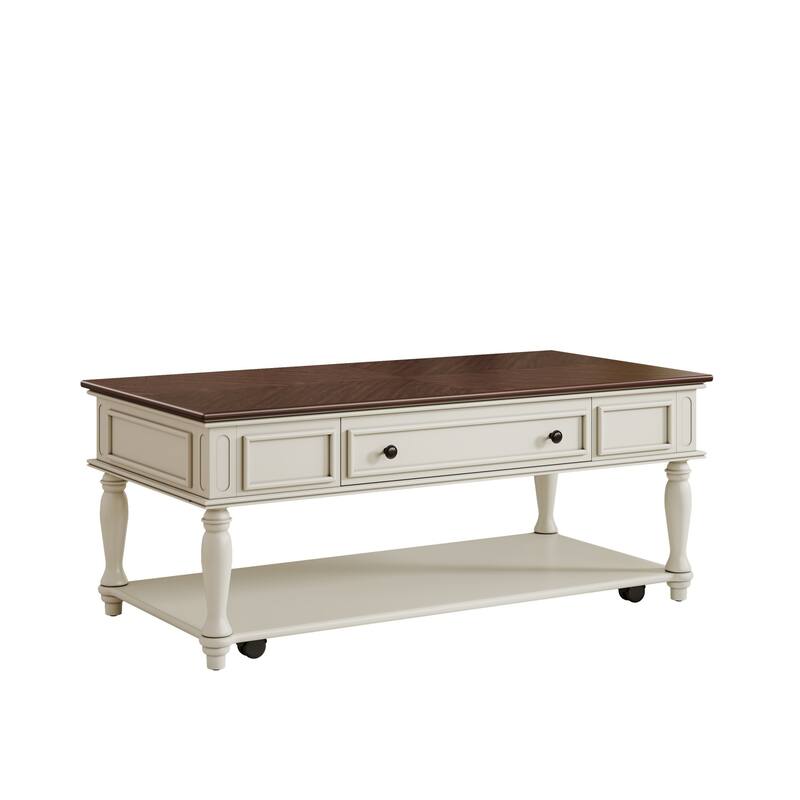 Farmhouse Coffee Table with Drawer, Easy-Assembly Retro Cocktail Table with Wheels, Rustic Center Table for Living Room‌