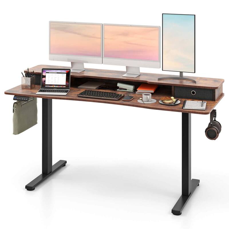 Electric Standing Desk Height Adjustable Stand Up Desk w/Storage Shelf - Brown