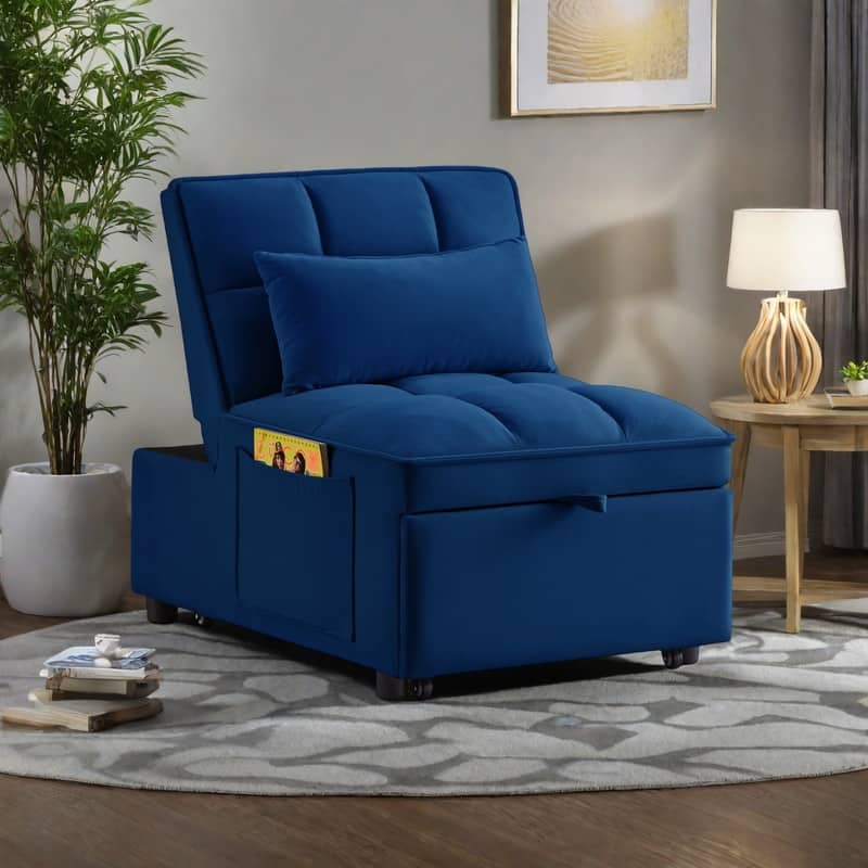 Velvet Multi-Function Chair Bed with Adjustable Backrest, Storage Pockets and Convertible Chaise Design - Navy