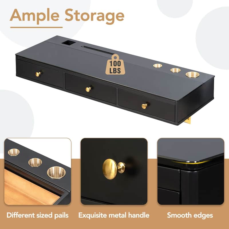 47" Multi-Purpose Black and Golden Floating Shelf Vanity Table with Drawer