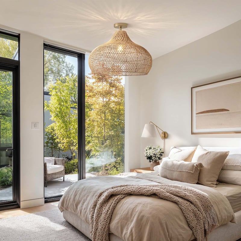 Kloe Rattan Flush Mount - Rattan Natural 1-Light Handwoven Ceiling Light for Bedroom or Dining Room in Farmhouse, Modern Style