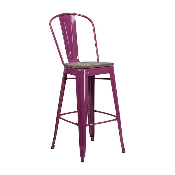 Offex 30" High Bistro Style Purple Metal Barstool with Back and Wood Seat