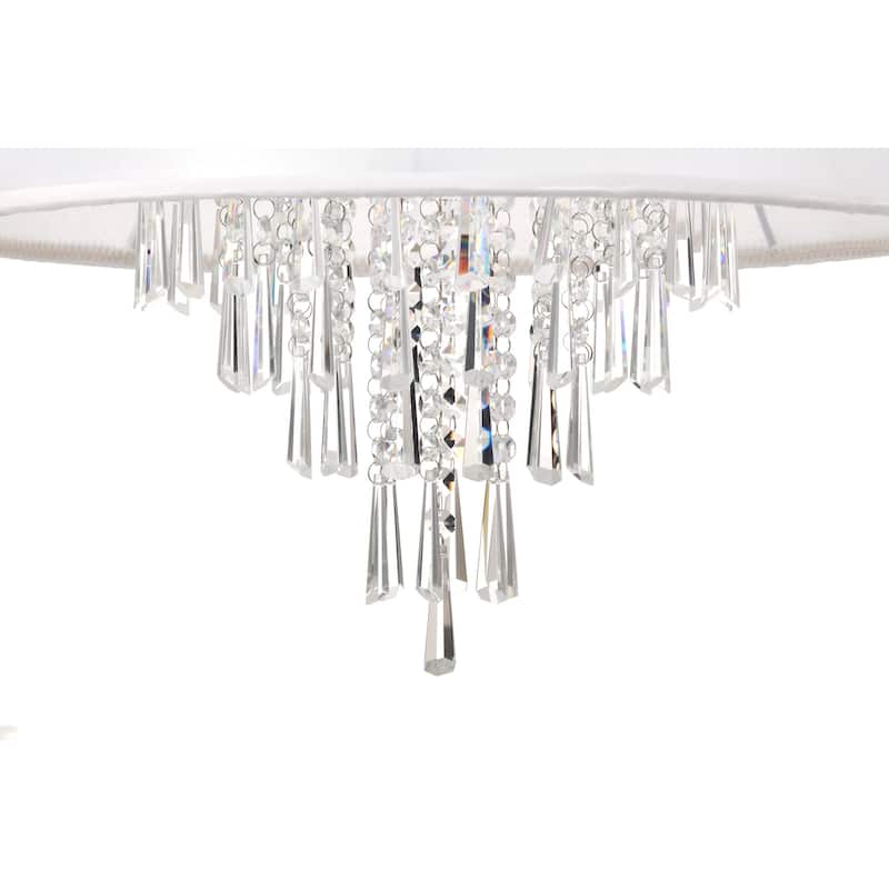 4-Light Double White Fabric Drum Shade Crystal Chandelier