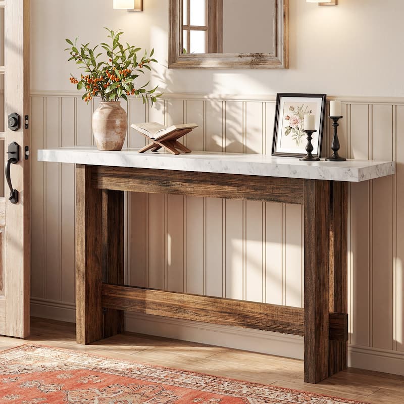 63" Wood Console Table, Farmhouse Entryway Table with Faux Marble Top