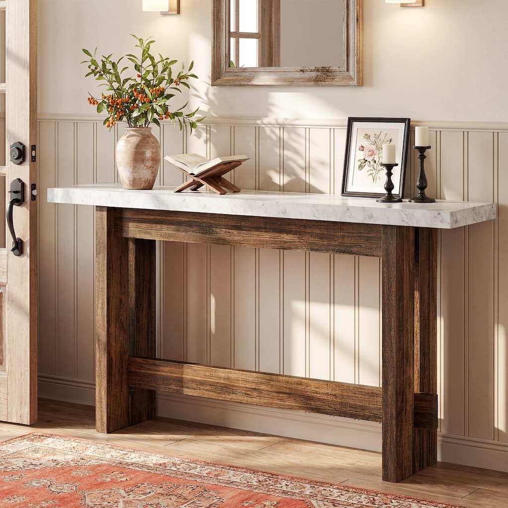 Rectangular Console Table, 63" Entryway Table with Faux Marble Top, Long Sofa Couch Table for Hallway, Living Room, Entrance