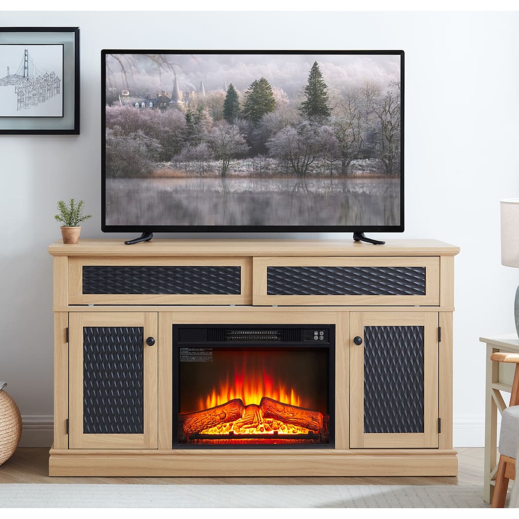 Modern Fireplace TV Stand with Sliding Door, Open and Closed Storage Space, for Living Rooms and Bedrooms, Light Oak