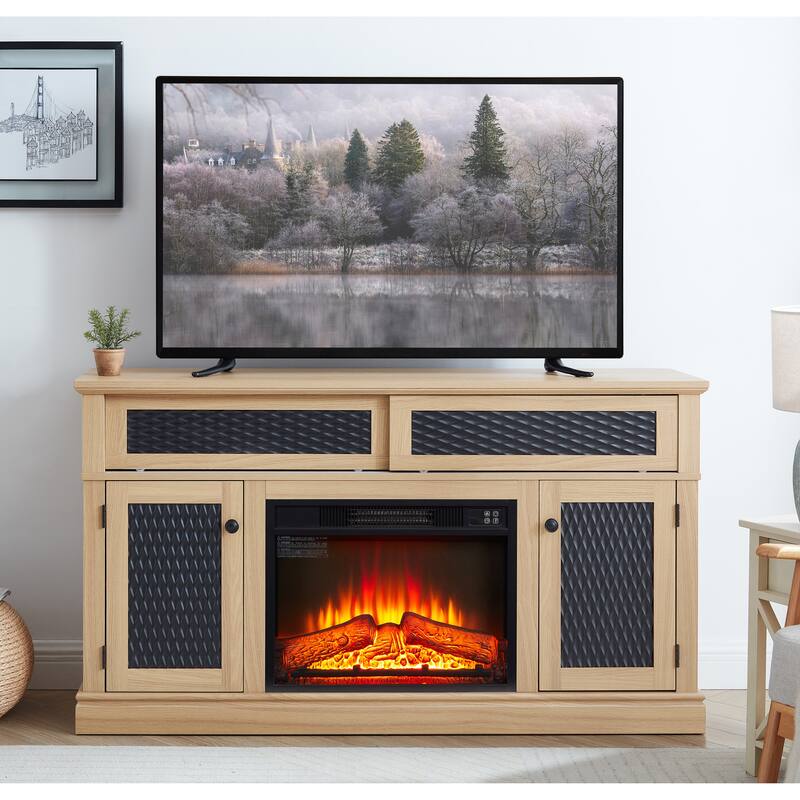 Modern Fireplace TV Stand with Sliding Door, Open and Closed Storage Space, for Living Rooms and Bedrooms, Light Oak - Beige