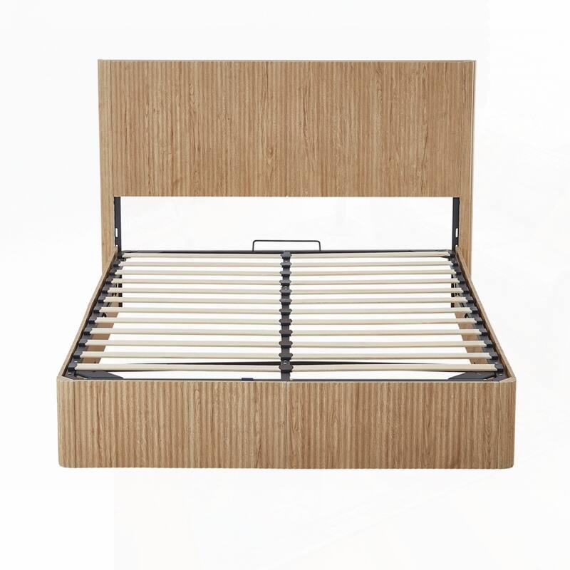 Wooden corrugated curved lines Lift Up Storage Bed Frame with Hydraulic Storage