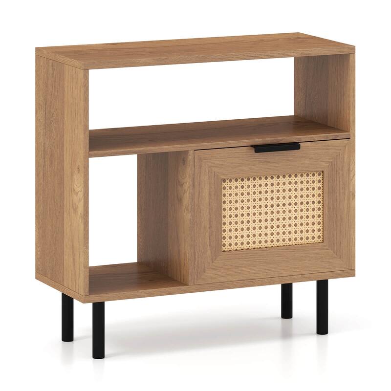 Costway Boho Rattan Nightstand Wooden End Table with Storage Shelf