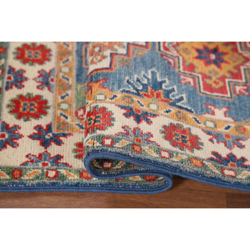 Hand Knotted Oriental 100% Wool Carpet Traditional Geometric Navy Blue & Blues Kazak Area Rug - 3' 1'' X 1' 11''