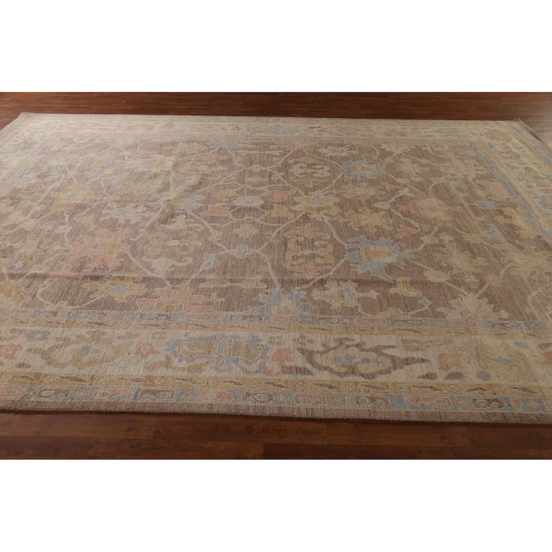 Floral Oushak Vegetable Dye Area Rug Hand-Knotted Brown Wool Carpet - 9'0"x 13'0"