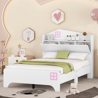 White Wooden Twin Size House Bed with Storage Headboard and Shelf