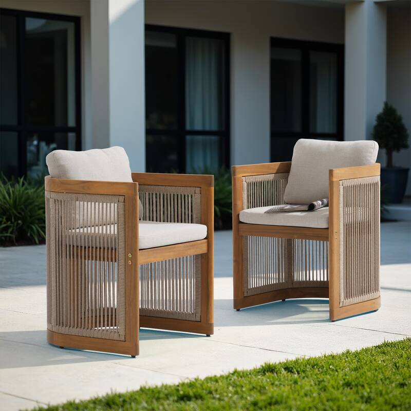Outdoor Wooden Rope Woven Armchairs with Olefin Cushions, Set of 2