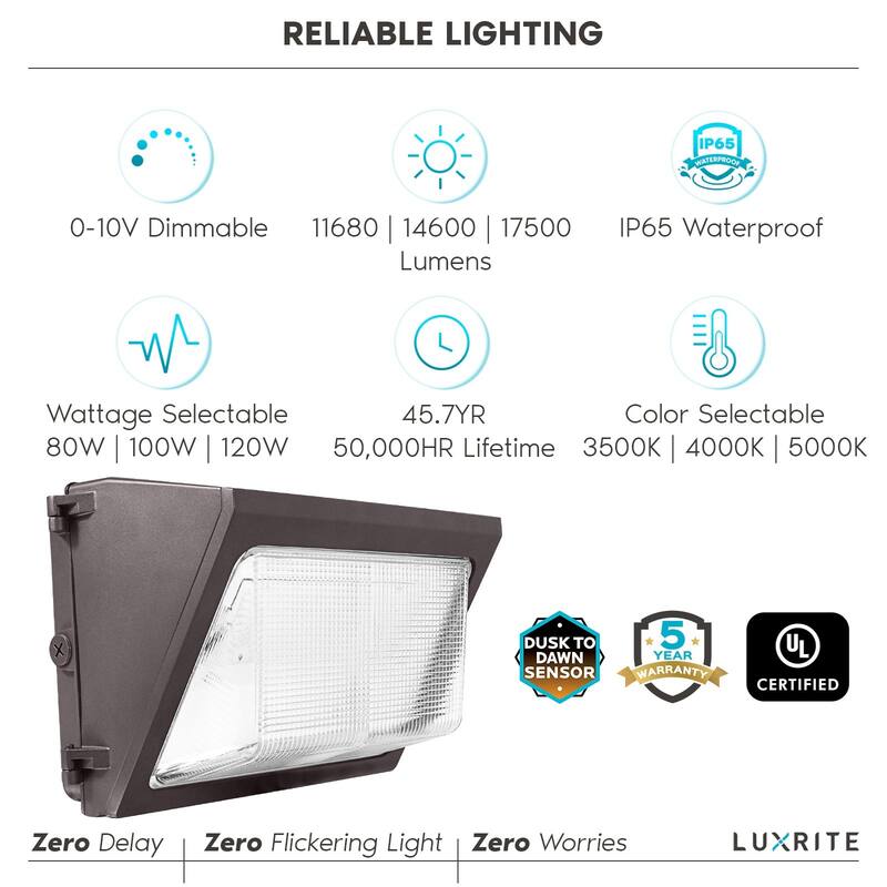 Luxrite LED Wall Pack Light Photocell Sensor 17500 Lumens 3 Color Select IP65 Waterproof Dusk to Dawn