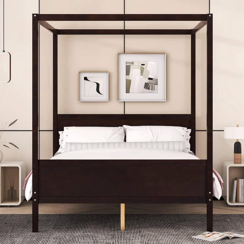 Queen Size Canopy Platform Bed with Headboard and Footboard,Slat Support Leg - Espresso
