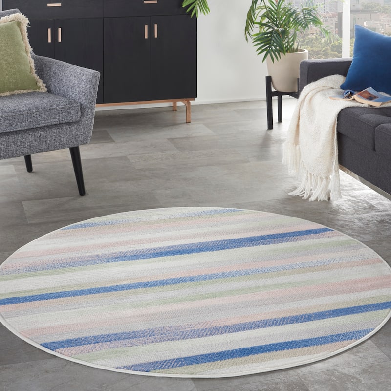 Nourison Whimsicle Modern Striped Abstract Area Rug - 5' Round - Ivory Multicolor - Runner/Round