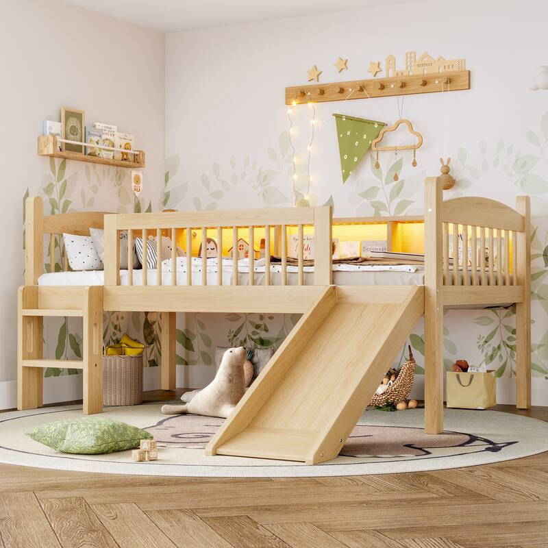 Twin XL Loft Bed with Storage Shelves, LED Lights & Guardrails - Natural - Twin XL