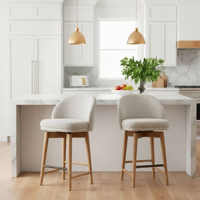 25.5" Swivel Upholstered Counter Stool Solid Wood Leg(Set of 2) - OAK-Beige