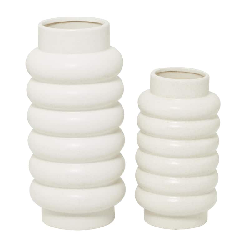 Ceramic Decorative Vase with Ring Ribbing - Set of 2 White, Yellow, Dark Blue - CosmoLiving by Cosmopolitan