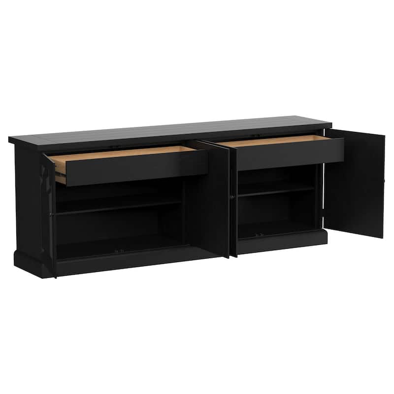 Som Dining Sideboard Buffet, 4 Carved Doors, Classic Black Pine Wood