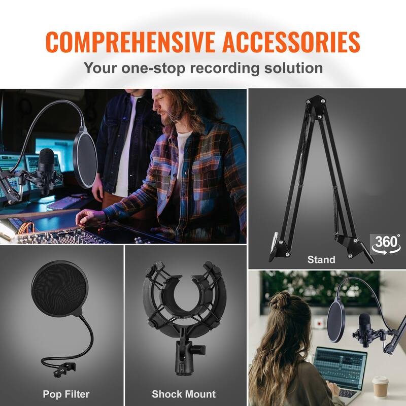 USB Microphone, 192 kHz/24-bit, Professional Condenser Microphone Kit with Boom Arm Stand Pop Filter Shock Mount