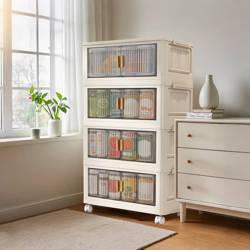 Stackable Storage Bins With Lids, 31.5" Folding Storage Box With Doors And Wheels Large Capacity Collapsible