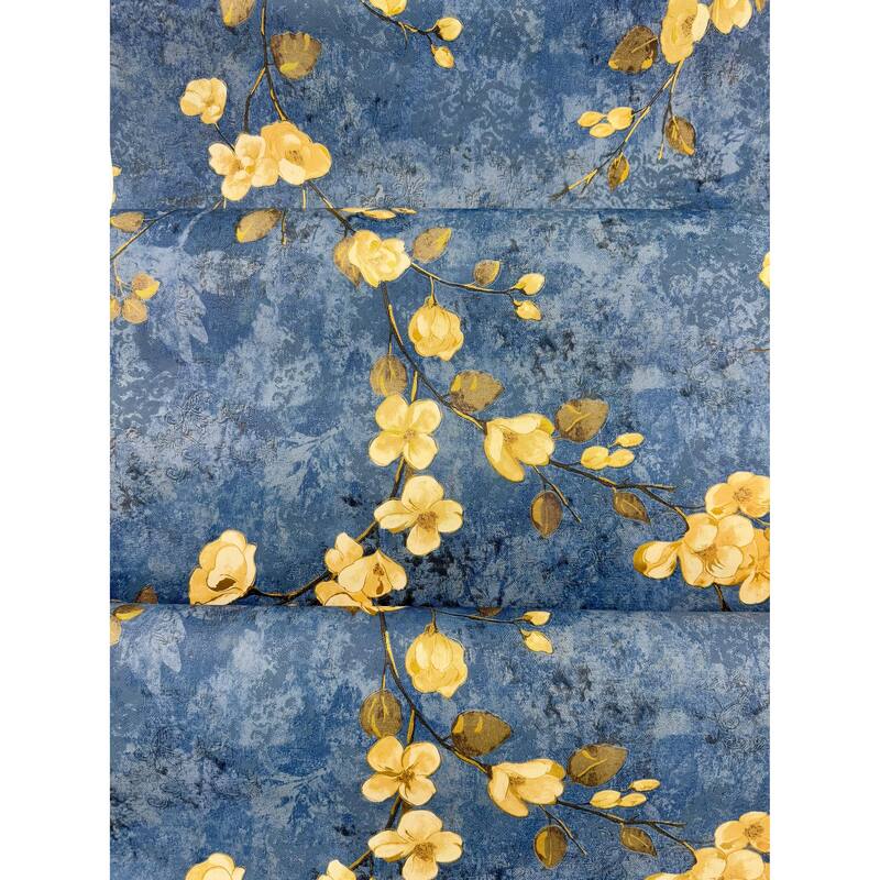 Blue Gold Botanical, Sakura Gold Leaves, Seamless Weave Japanese Mural Wallpaper - Double Roll