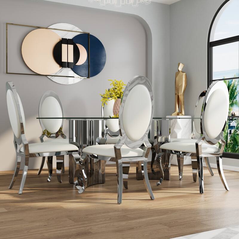 70 inch Clear Tempered Glass Dining Table Set with Leather Dining Chairs - Chrome Silver - Table with 6 Chairs