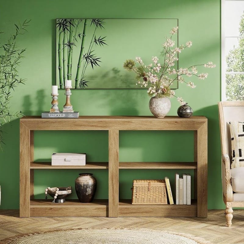 Rustic Brown 3-Tier Console Table with 4-Section Shelves MDF Wood Foyer, Sofa, or TV Stand 59 Inch - 59.06" x 13.78" x 33.46"