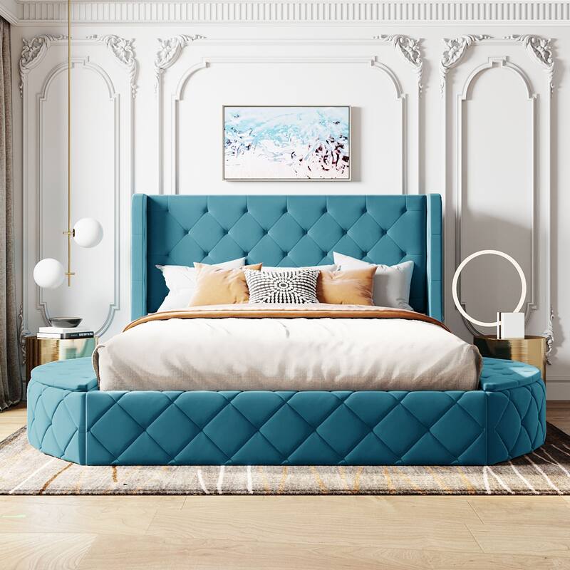 Queen Platform Bed Velvet Upholstered Bed with Wingback Headboard, 2 Side Storage Stool and Large Drawer, Round Low Profile Bed - Blue - Queen