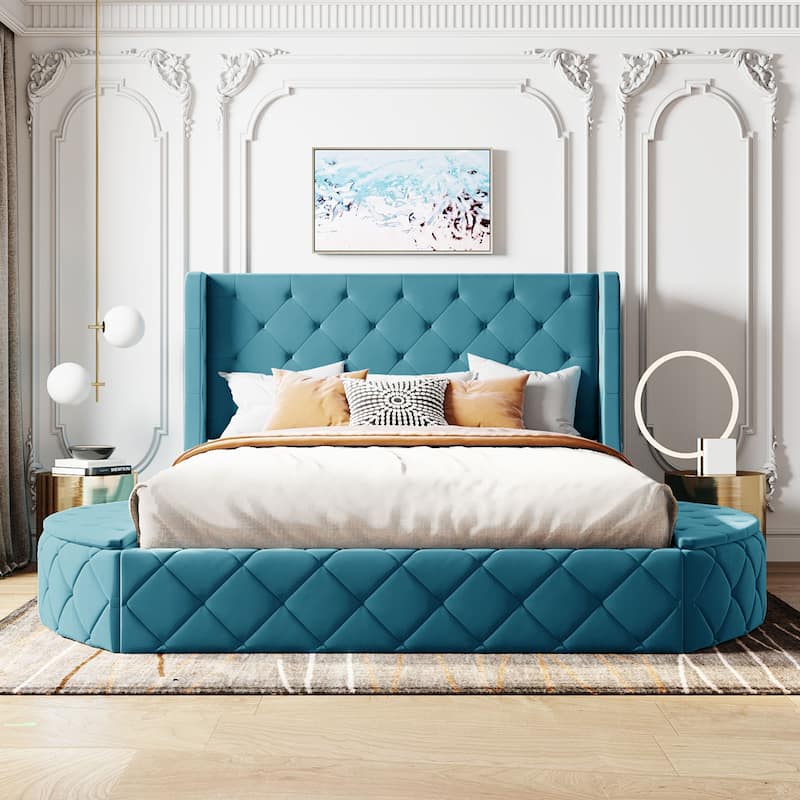 Queen Size Velvet Platform Bed with Wingback Headboard, Storage Drawer, and Side Stools