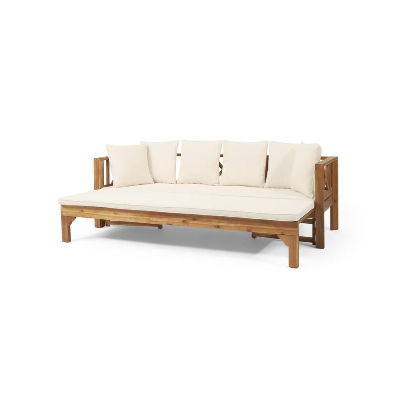 Outdoor Daybed Sofa, 79 Inch, Brown Acacia Wood Frame, Cream Cushions
