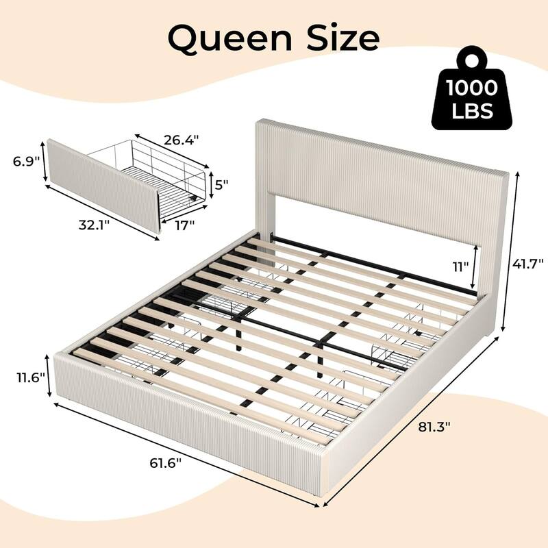 Platform Bed with 4 Storage Drawers, Tufted Wingback Upholstered Headboard, Strong Wood Slat Support