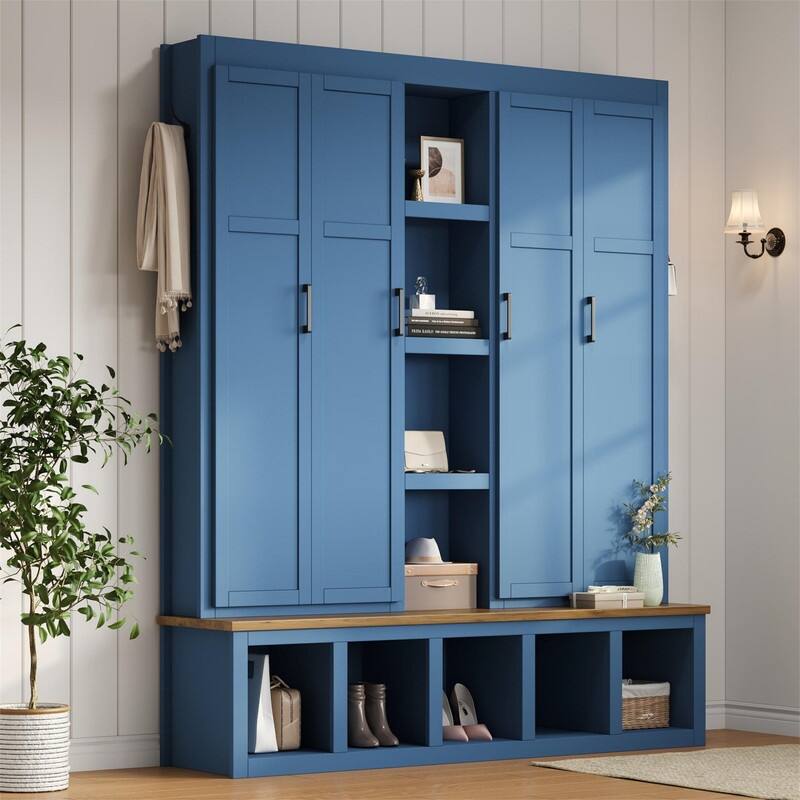 Farmhouse 4-in-1 Hall Tree with Open Display Shelves, Mudroom Shoe Bench with Open Compartments, Entryway Coat Rack with 6 Hooks - Blue