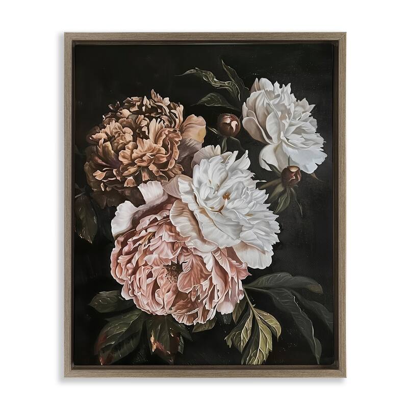 Stupell Moody Peonies on Black Framed Floater Canvas Wall Art Design By Arlington Prints - 17 x 21 - Brown