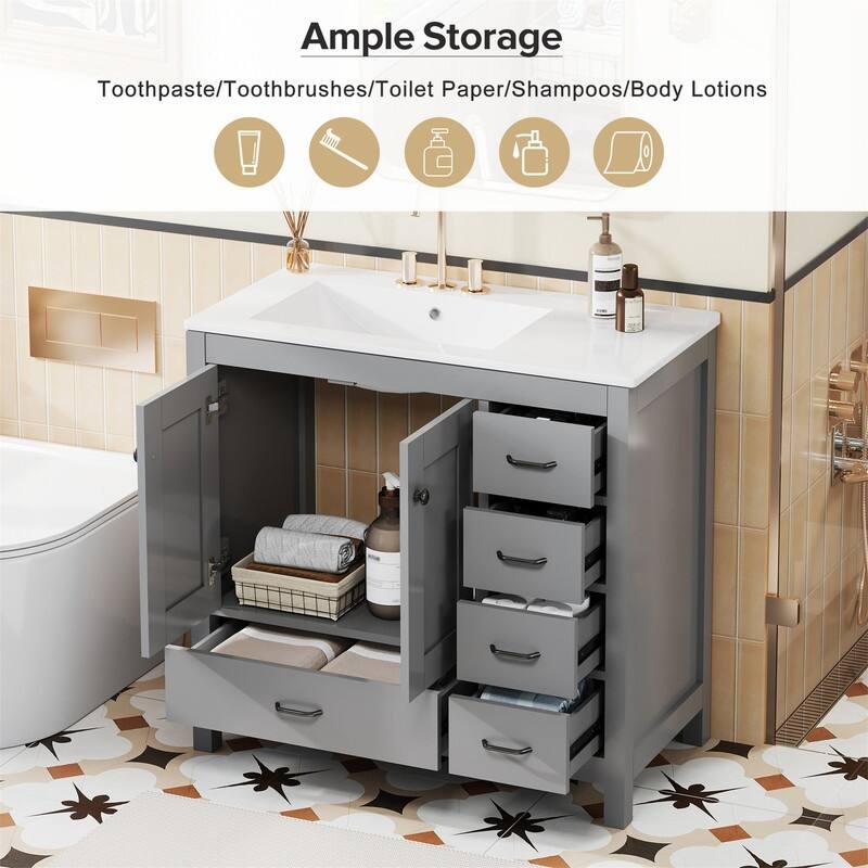 36'' Bathroom Vanity with Ceramic Sink Combo, Modern Bathroom Vanity Cabinet with 2 Soft Close Doors and 5 Storage Drawers