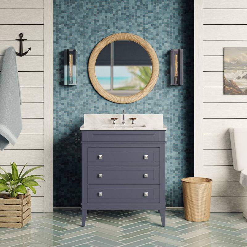 KitchenBathCollection Eleanor 30" Bathroom Vanity with Carrara Marble Top - Marine Gray