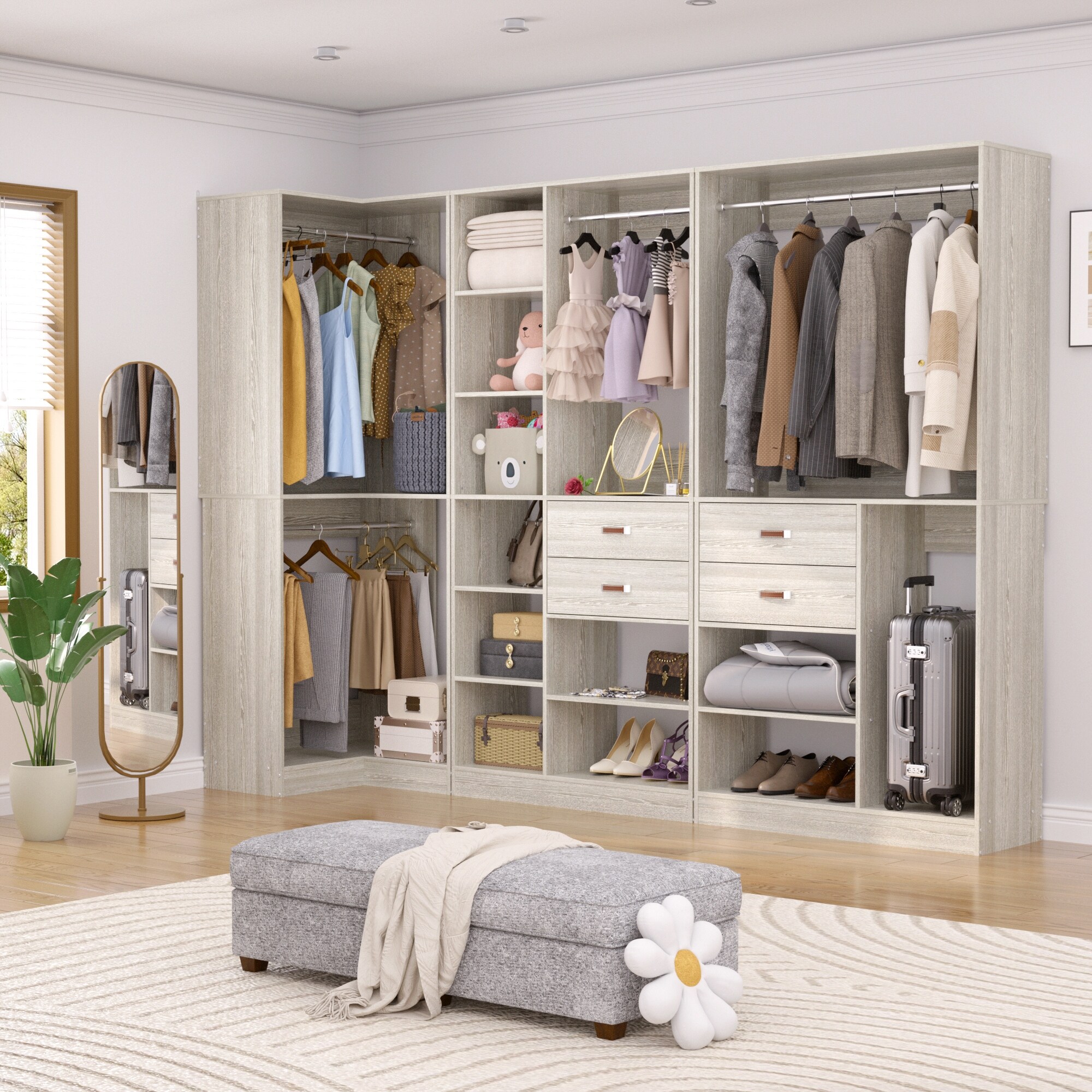 Geren 110 Set of 3 Freestanding Corner Closet System Reversible Wardrobe for Walk in Reach in Closet
