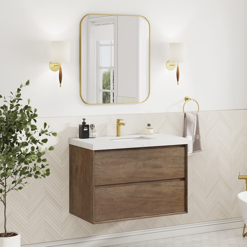 Sylphar 36 inch Bathroom Vanity with Sink, Floating Oak Cabinet with Stone Top