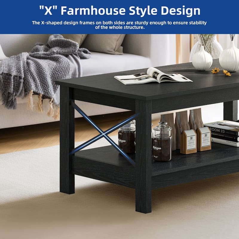 Moasis Farmhouse Coffee Table with Shelf, 2-Tier Center Table for Living Room