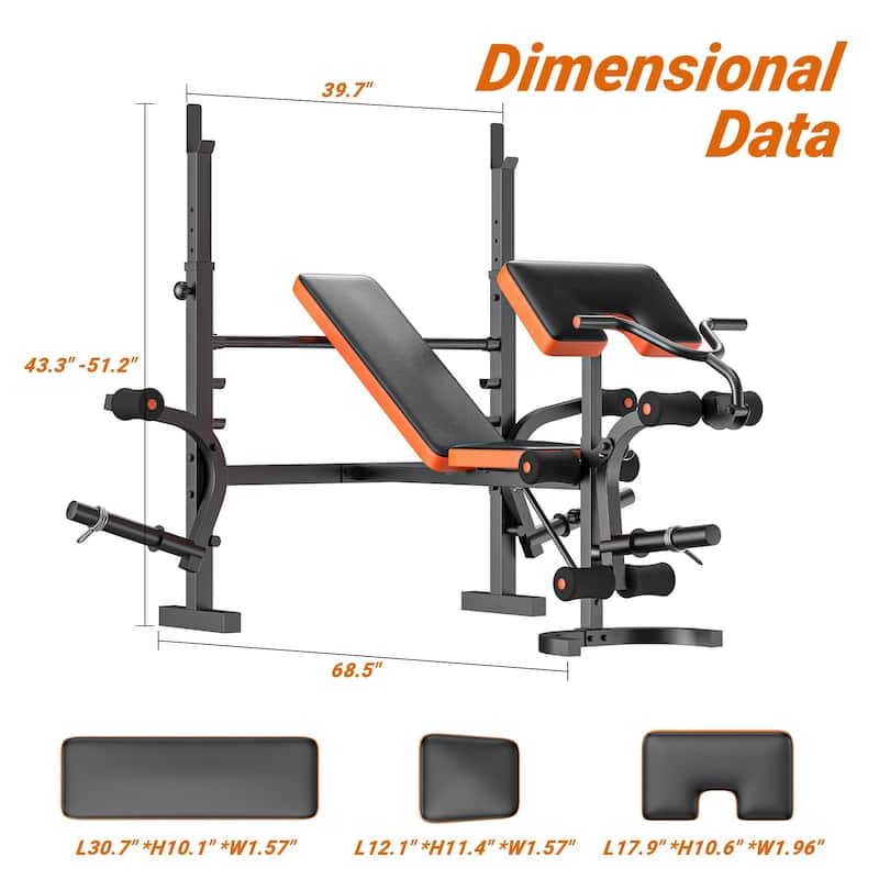 Adjustable Weight Bench Bench Press with Squat Rack for Home Gym - 68"D x 51"W x 52"H