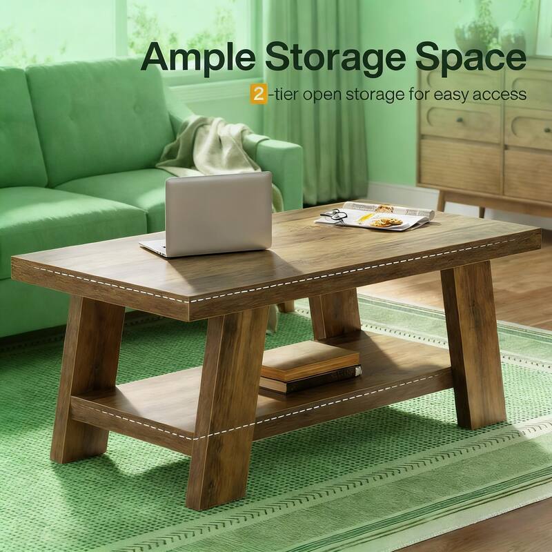 Rustic Tea Table, Spacious Coffee Table, 2-tier Center Table