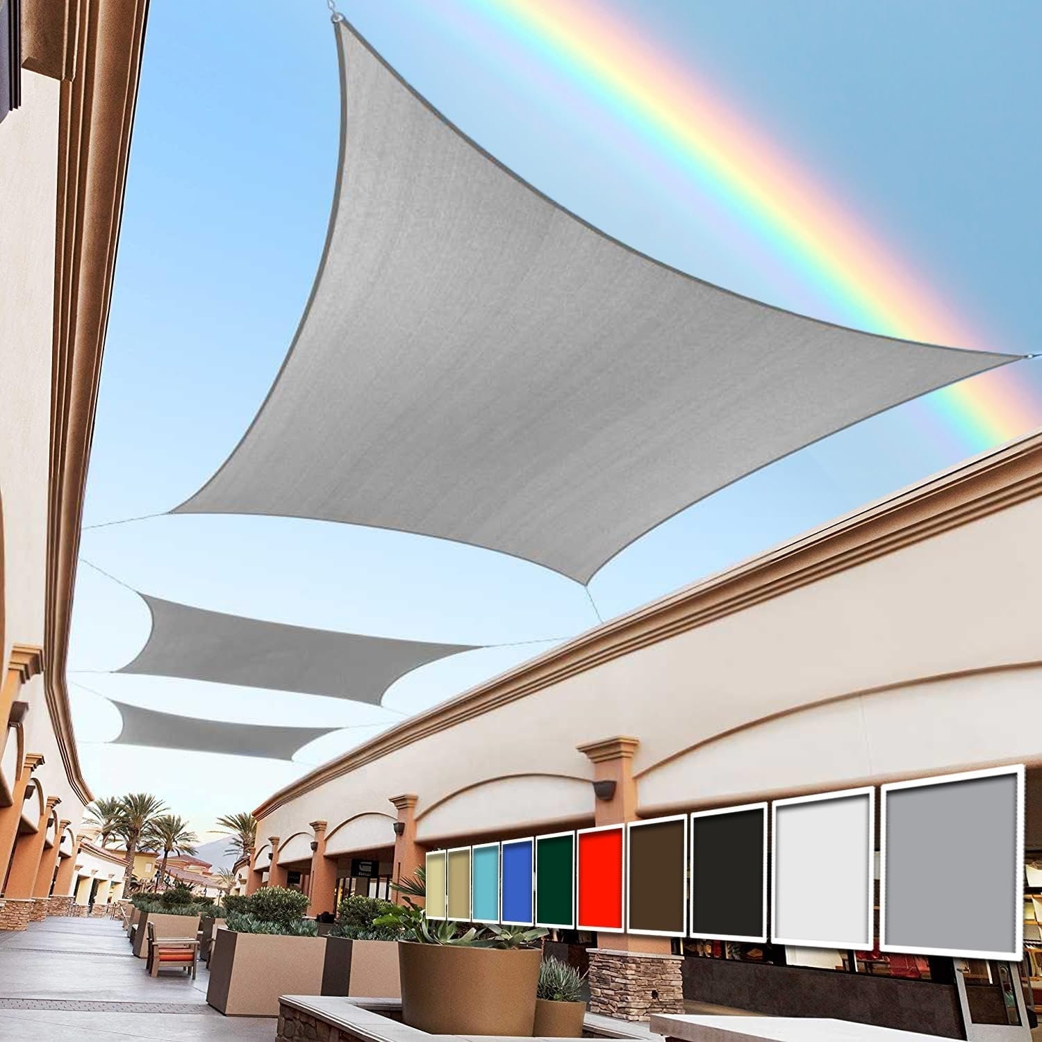 8' x 8' Grey Rectangle Sun Shade Sail, UPF50+, 95% UV Blockage, Heavy Duty, 3-Year Warranty