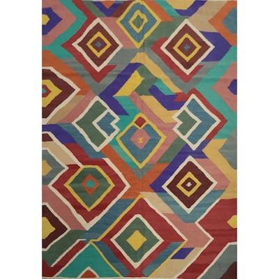 Hand Woven Oriental 100% Wool Carpet Southwestern Modern Multi-Colored Kilim Area Rug - 9' 6'' X 8' 4''