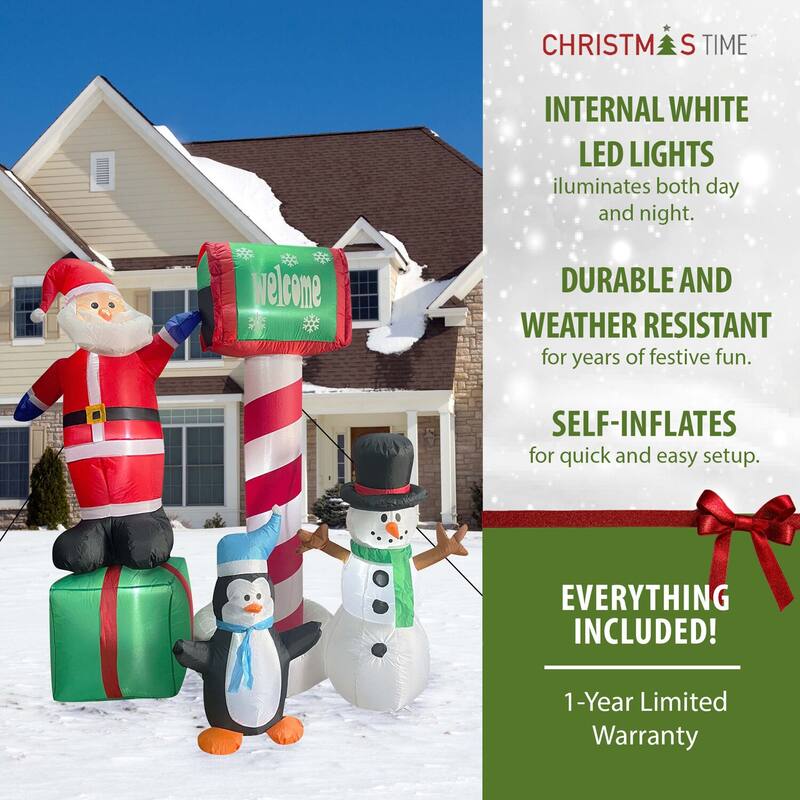 Christmas Time 6-Ft. Pre-Lit Inflatable Welcome Mailbox with Santa, Snowman, and Penguin Outdoor Christmas Decoration