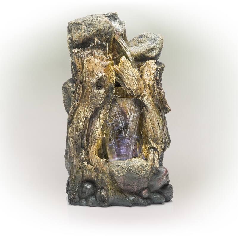 Alpine Corporation 22" Tall Outdoor Rainforest Tree Trunk and Stone Waterfall Fountain with LED Lights