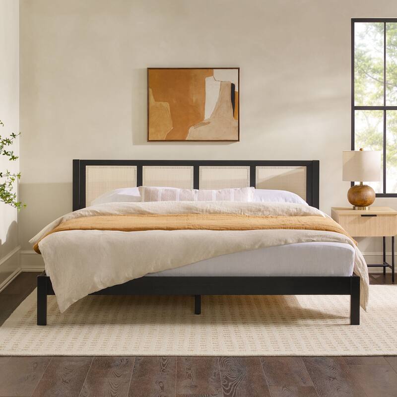 Middlebrook Designs Boho Solid Wood Rattan Headboard King Bedframe - Black