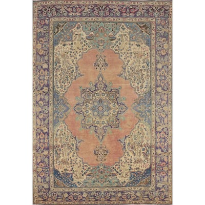 Tabriz Persian Vintage Rug Hand-Knotted Floral Coral Wool Carpet - 6'9" x 10'0"